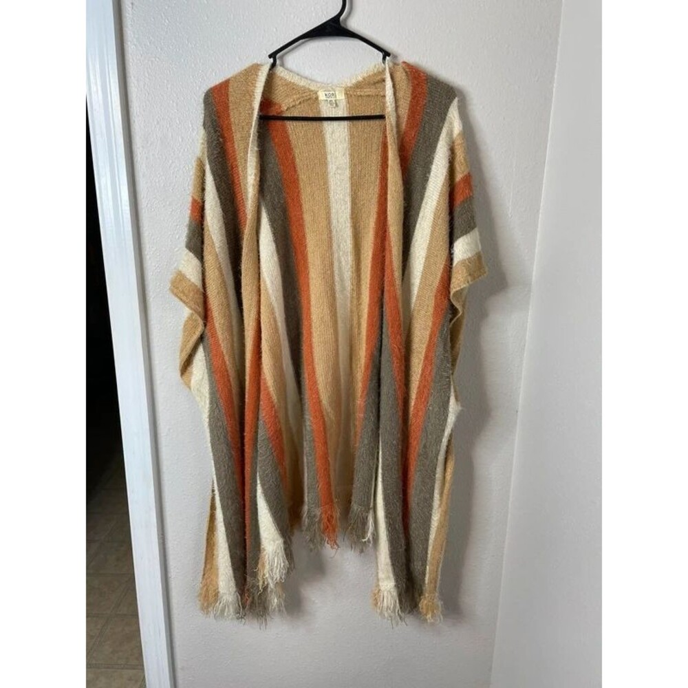 Kori America Striped Fringe Open Front Poncho Cardigan Rust Taupe M/L